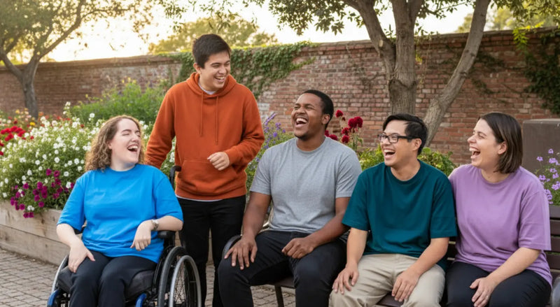 Group of friends laughing together in a garden, one using a wheelchair.