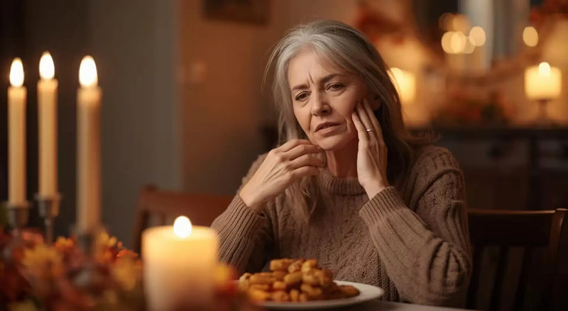 Person touching jaw in discomfort at a candlelit Thanksgiving table with fall decor.