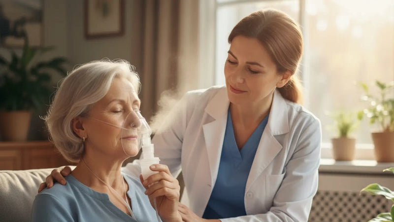 Caregiver in a white coat helps an older patient use a nebulizer mask during COPD treatment at home.