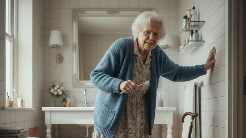 Older adult steadies against a bathroom wall while holding a toothbrush, cane nearby.