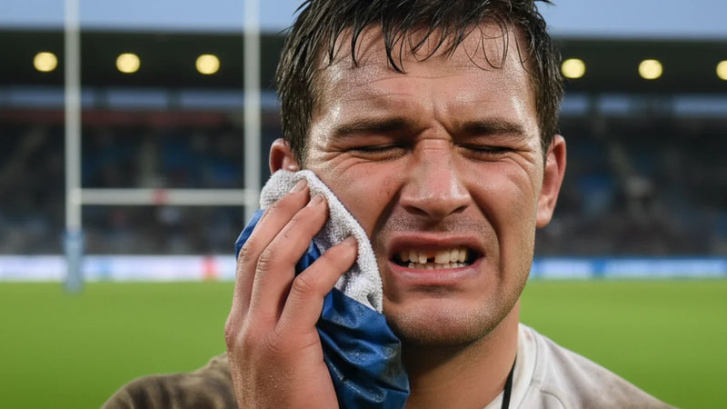 Injured rugby player pressing an ice pack to jaw with a chipped tooth on the field.