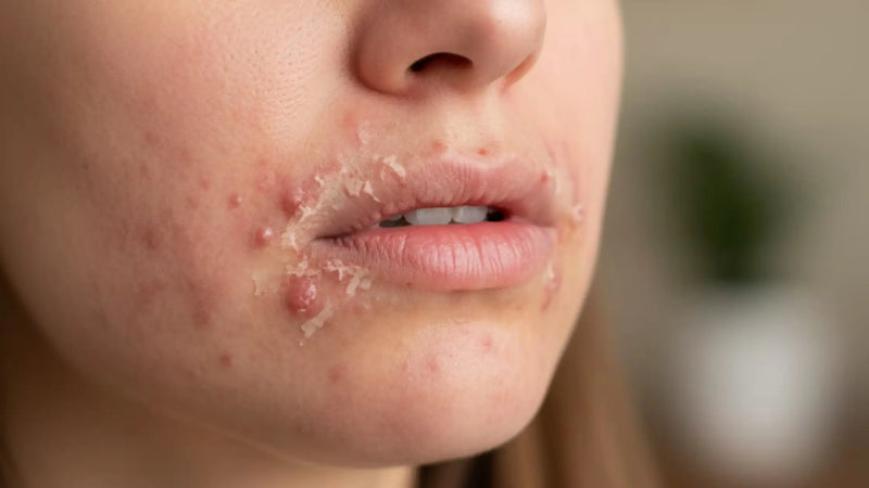 Close-up of dry, flaking eczema and irritated skin around the mouth and lips.