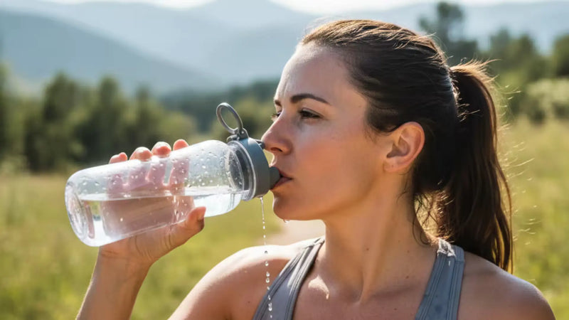 Person in athletic wear drinking water outdoors, illustrating hydration's role in oral health.