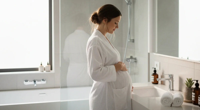 Pregnant person in white robe cradling belly beside a bright bathroom sink and mirror.