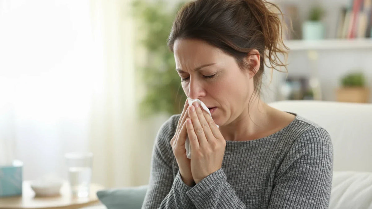 Person in grey sweater blowing nose into tissue while sitting indoors with seasonal allergies.