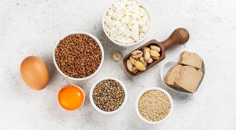 Flat-lay of protein-rich foods for teeth: egg, buckwheat, cottage cheese, pistachios, quinoa, and seeds.
