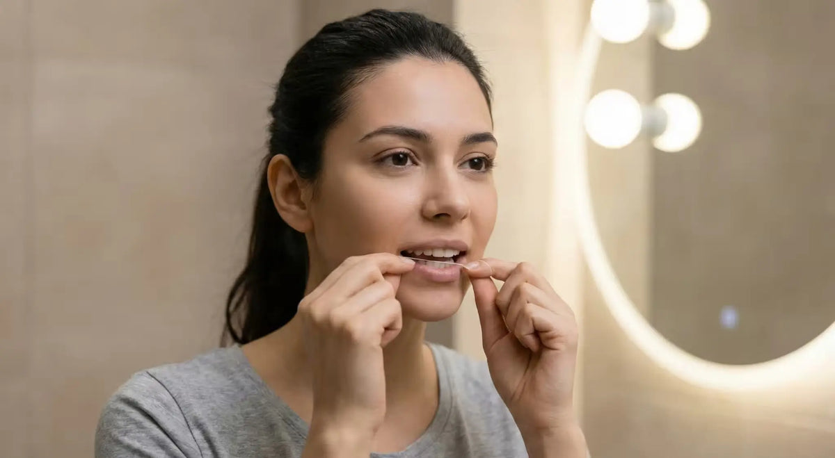 Person flossing front teeth in front of a lit bathroom mirror.