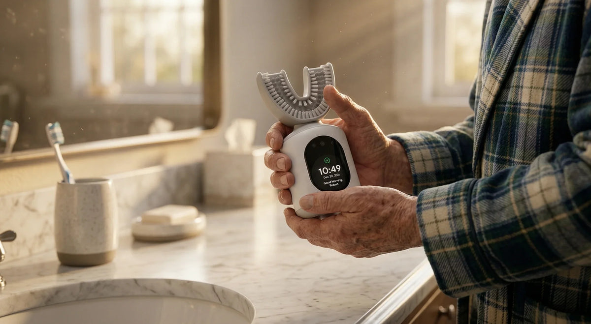 Older person holds a U-shaped smart toothbrush with digital display at a bathroom sink.