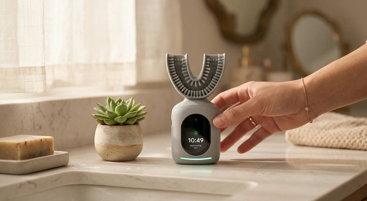 Reaching for a U-shaped smart toothbrush with a lit display on a bathroom counter.