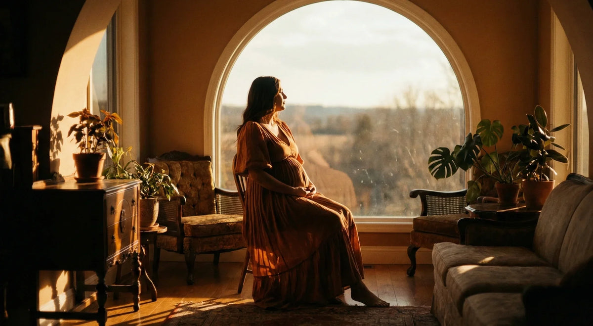 Expectant mother resting a hand on her belly, gazing out an arched window at golden hour.