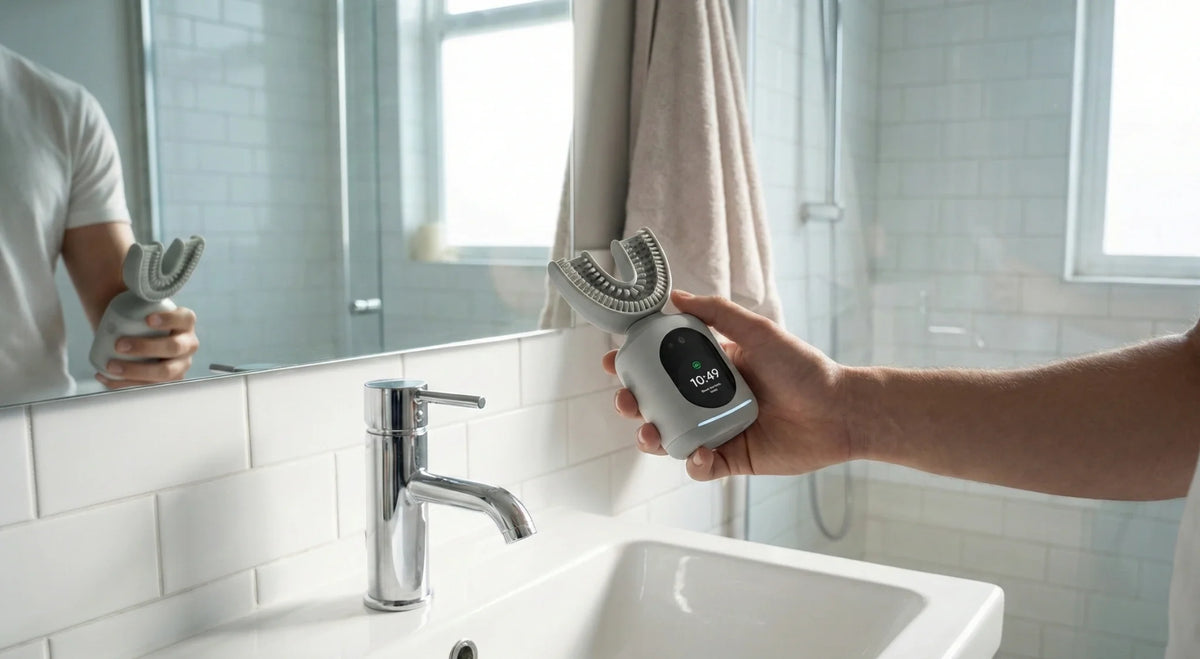 Hand holding a U-shaped smart toothbrush with a digital display at a bathroom sink.
