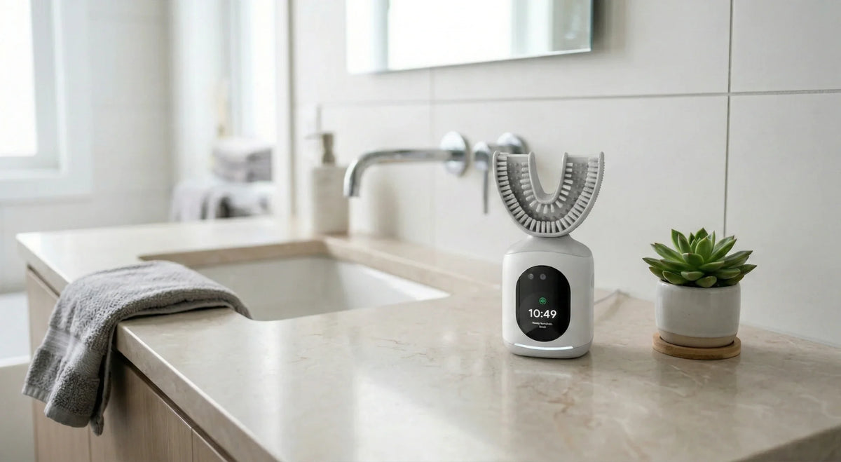 U-shaped smart toothbrush with digital display on a bright bathroom counter beside a succulent.