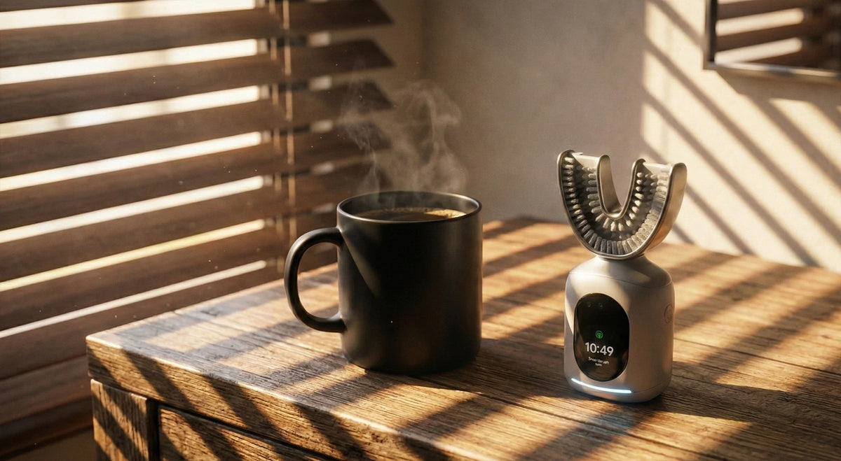 U-shaped smart toothbrush on a charging base beside a steaming coffee mug in morning light.