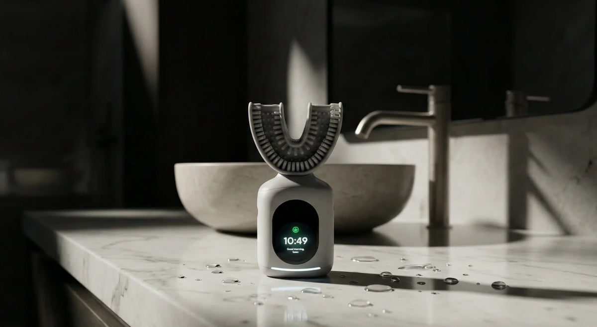 U-shaped smart toothbrush with lit display resting on a marble bathroom counter by a stone sink.