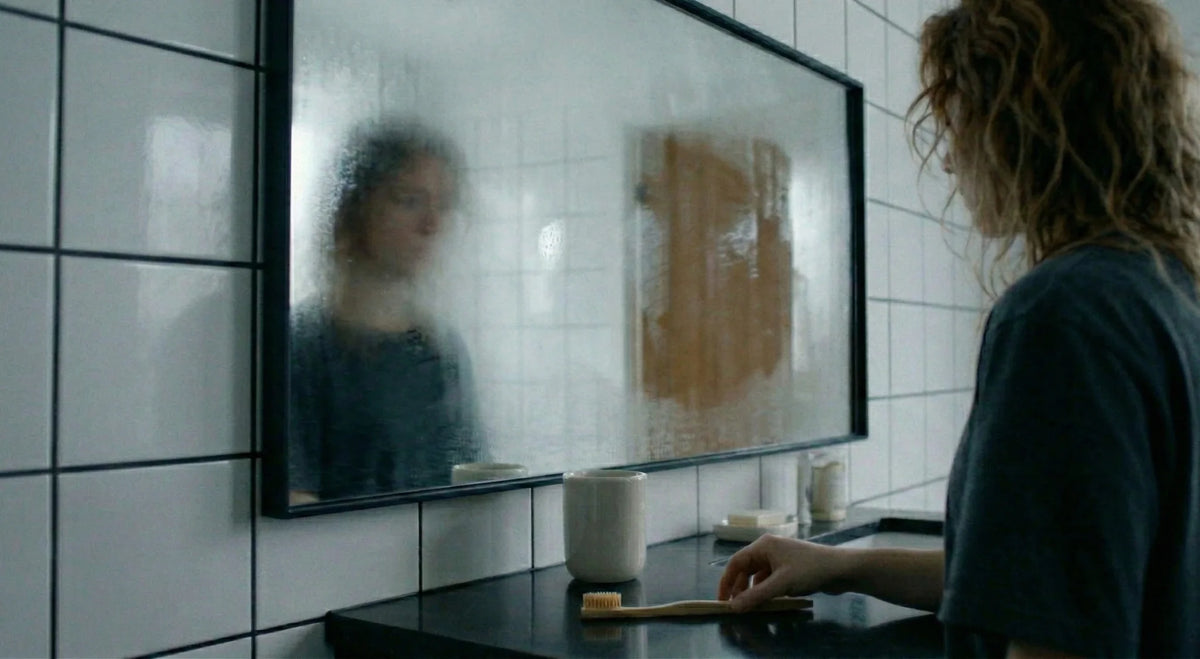 Person at a bathroom sink facing a fogged mirror, wooden toothbrush resting on the counter.