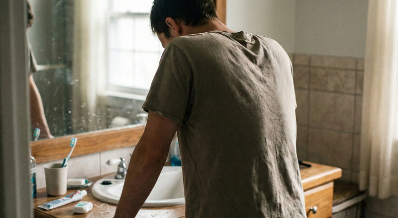 Person leaning over a bathroom sink with head down, near toothbrush and toothpaste.
