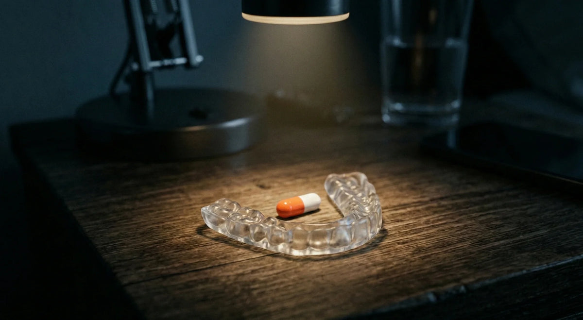 Clear night guard holding an orange and white capsule on a dim wooden nightstand.