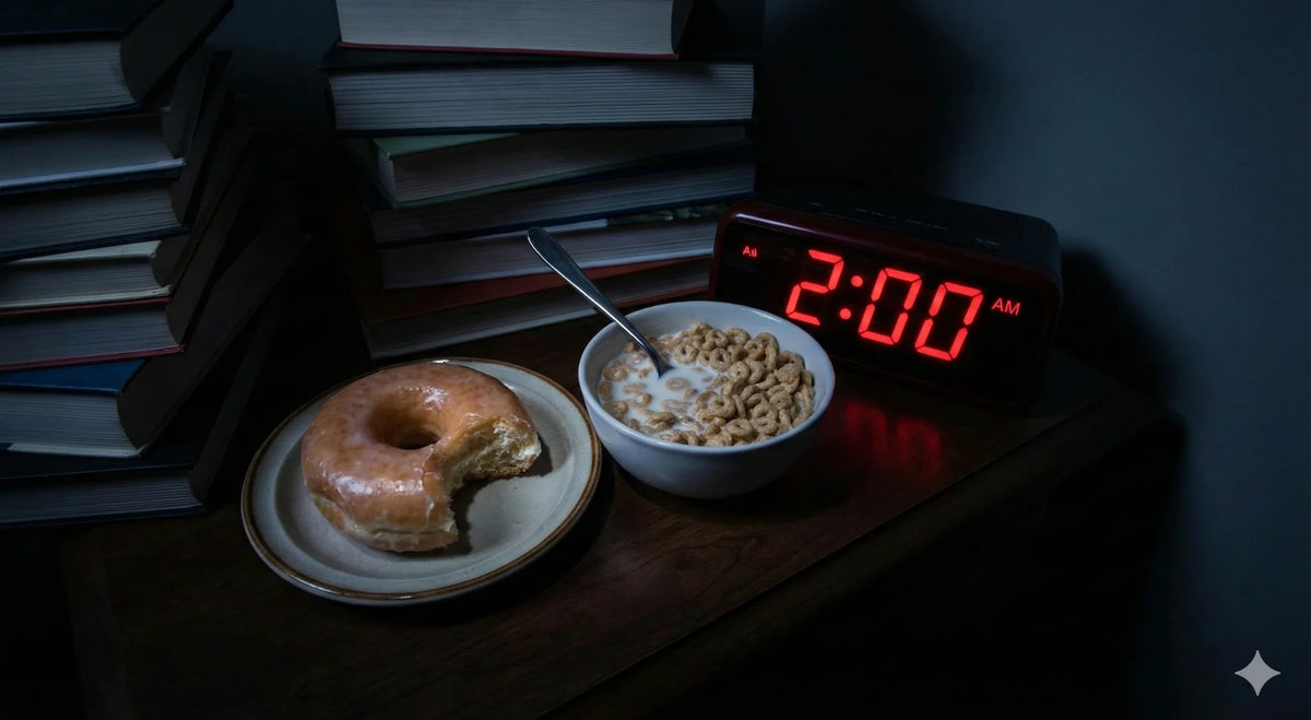 Bitten glazed donut and cereal bowl beside a clock reading 2:00 AM, a late-night snack.