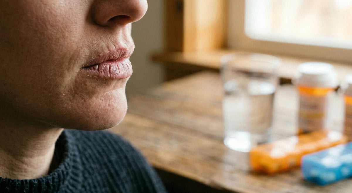 Close-up of chapped, dry lips beside blurred pill bottles and a water glass on a table.