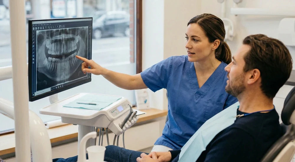 Dentist points to a dental X-ray on screen, explaining results to a seated patient.