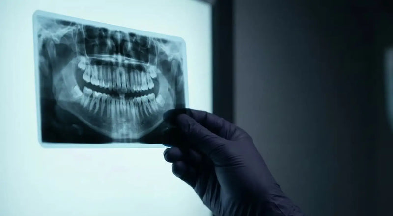 Gloved hand holding a panoramic dental X-ray of full upper and lower teeth against a lightbox.