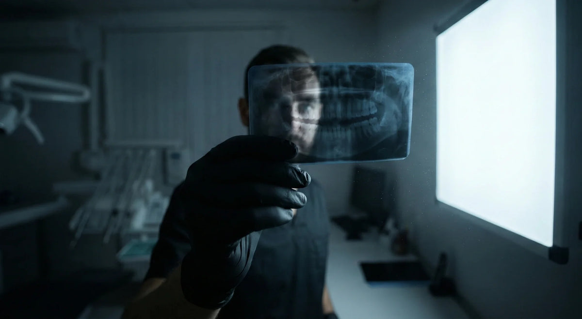 Gloved dentist holds a panoramic dental X-ray up to a lightbox in a dim clinic.