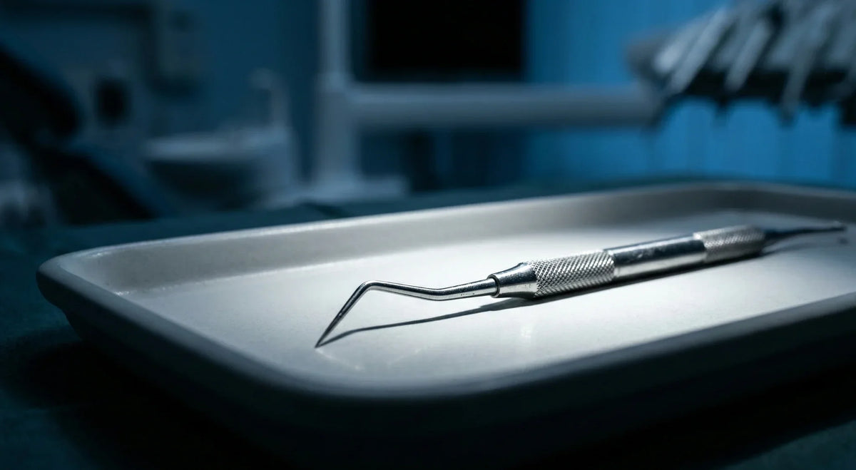 Stainless steel dental probe resting on a metal tray in a dimly lit dental office.