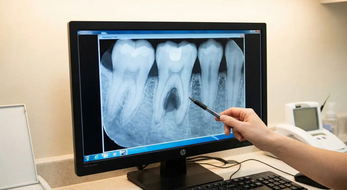 Dentist points a pen at a dental X-ray on screen showing tooth root and bone.