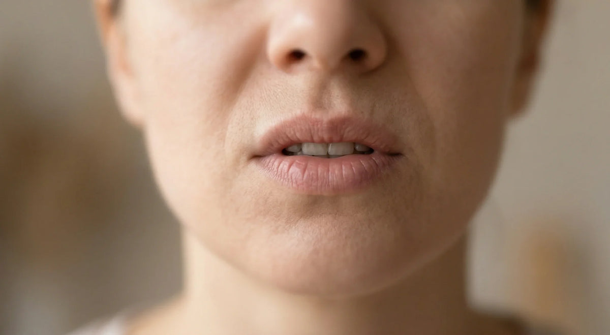 Close-up of a person's lower face showing slightly parted lips and teeth.