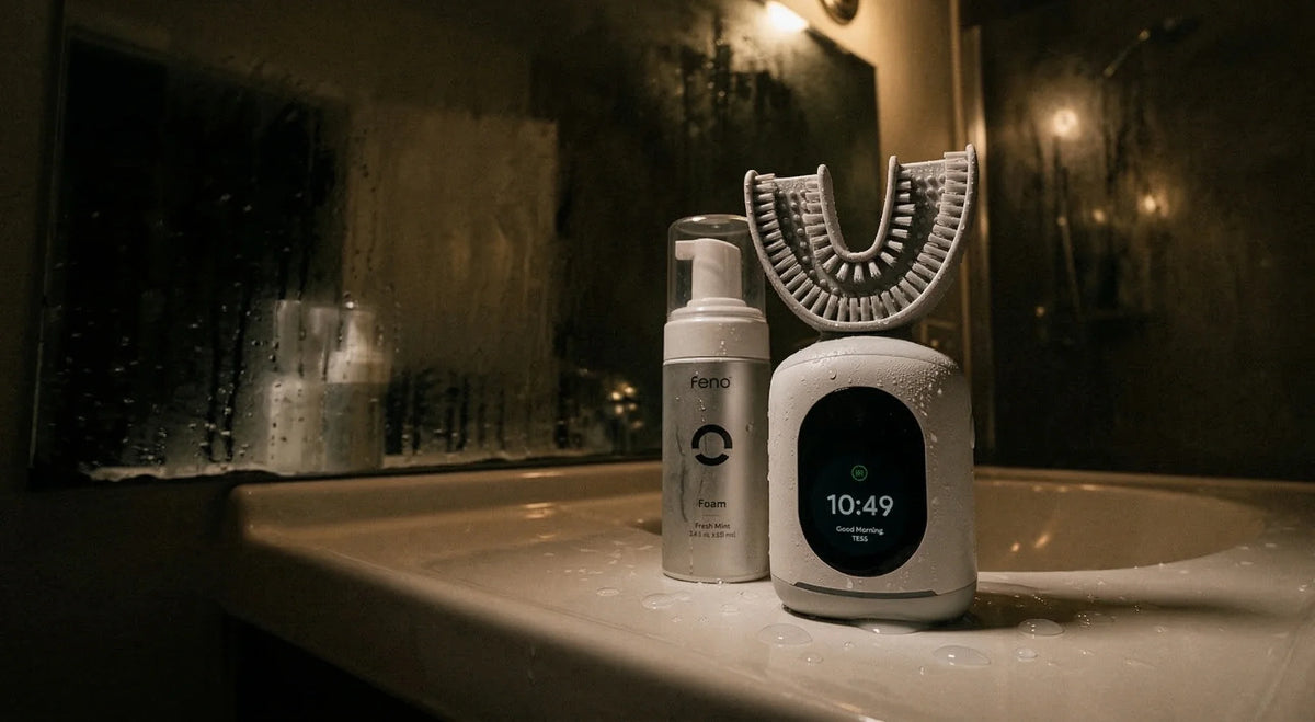 Feno U-shaped smart toothbrush and Fresh Mint foam on a steamy bathroom sink.