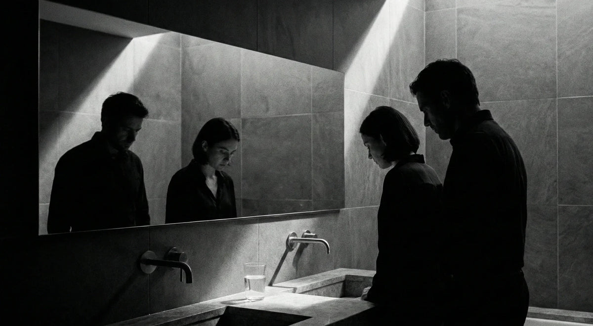 Couple standing close at a bathroom sink, reflected in a mirror under soft light.