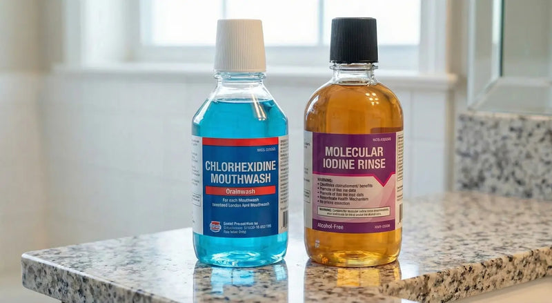 Blue chlorhexidine mouthwash beside an amber molecular iodine rinse on a bathroom counter.