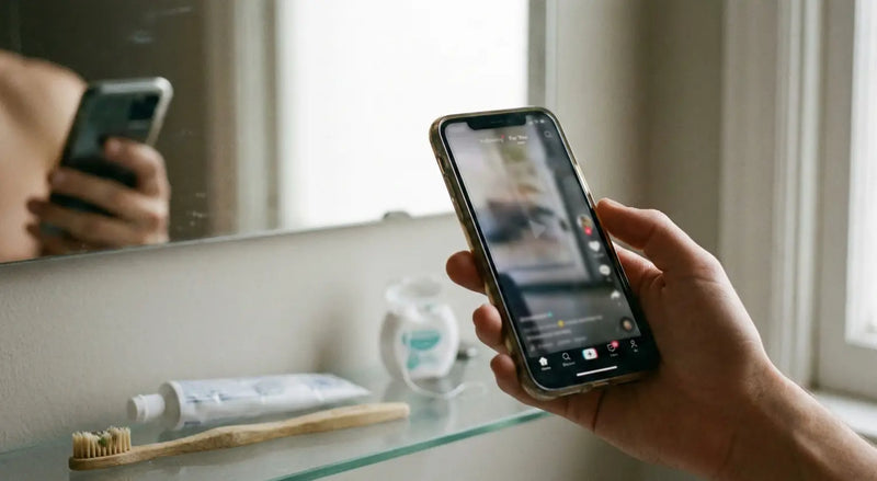 Hand scrolling TikTok feed on a phone above a bathroom shelf with toothbrush and floss.