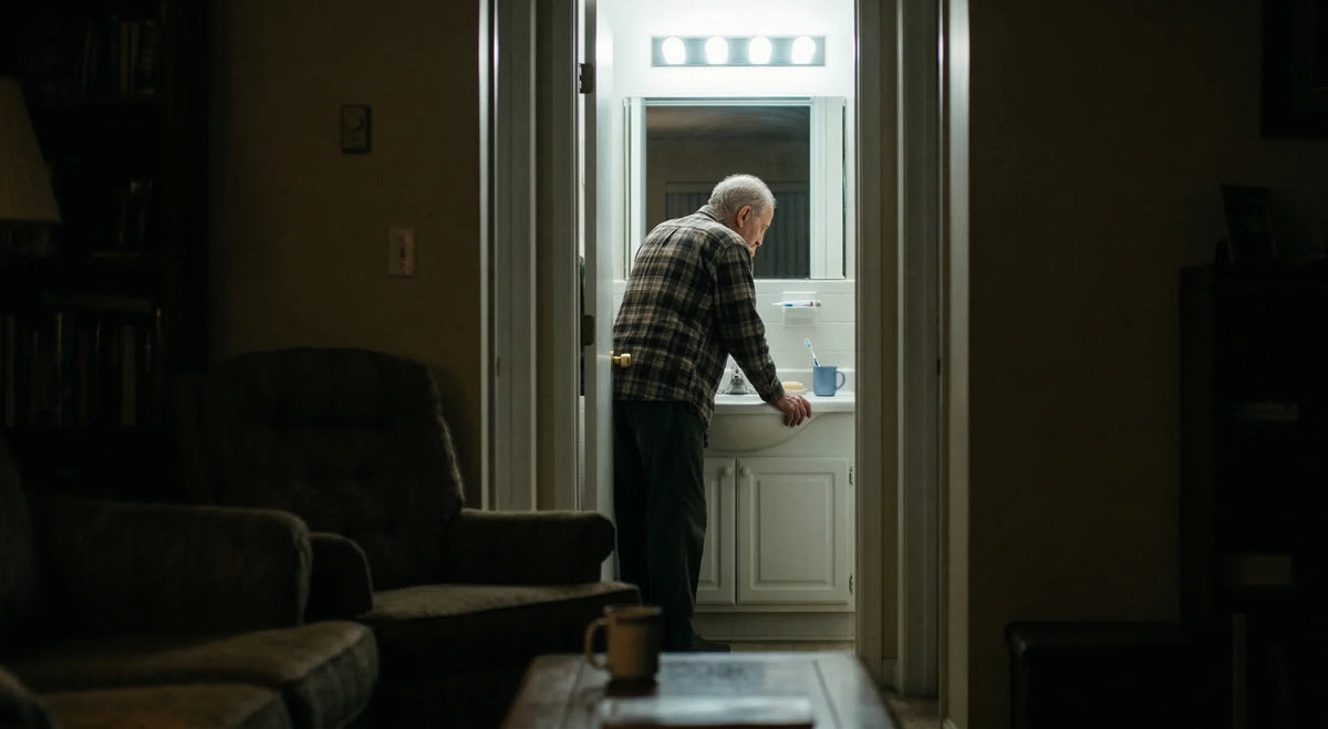 Older person leaning over a lit bathroom sink beside a toothbrush cup at night.