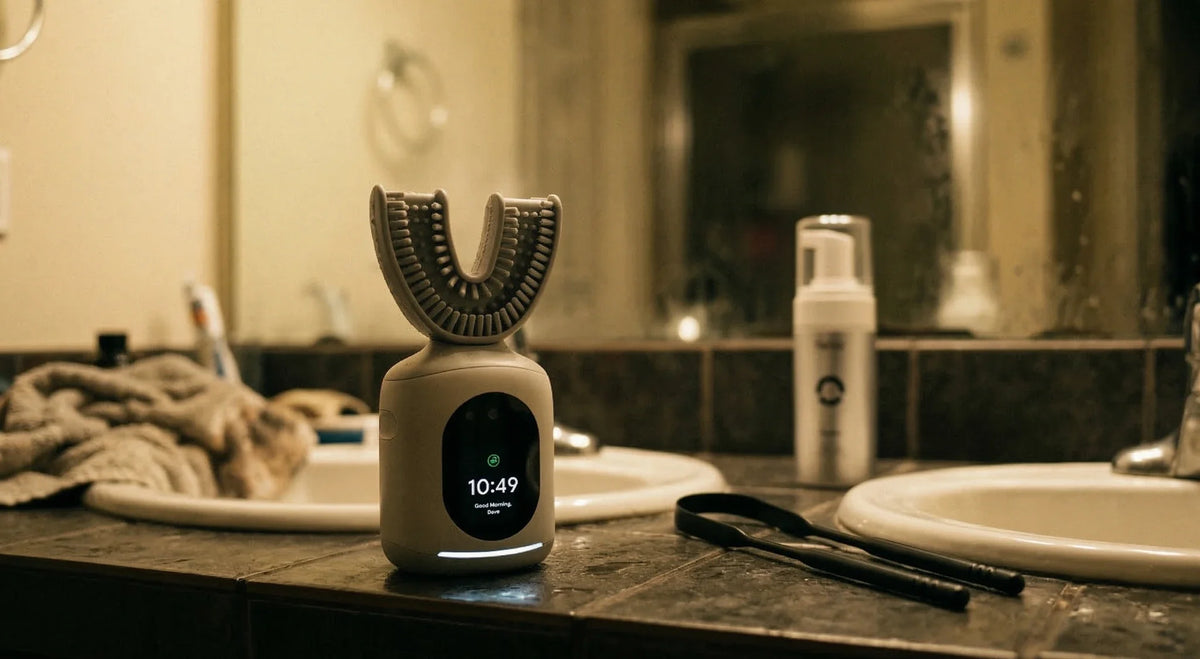 Feno u-shaped smart toothbrush with lit display resting on a dim bathroom counter.