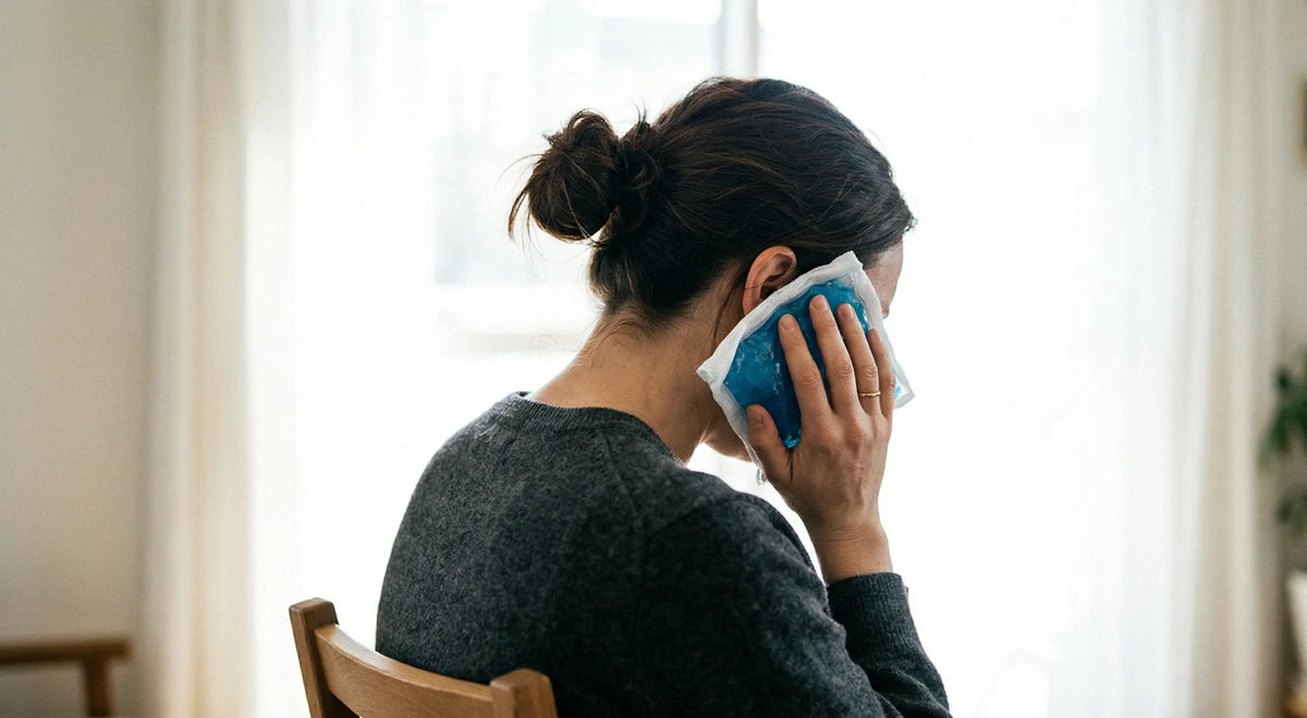 Person holding a blue gel ice pack against their jaw and cheek to ease migraine pain.