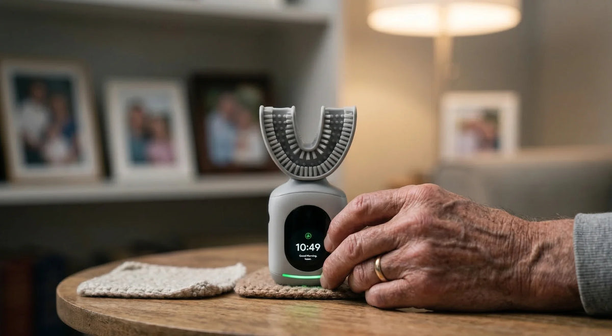 Older person's hand reaching for a U-shaped smart toothbrush on its base at home.