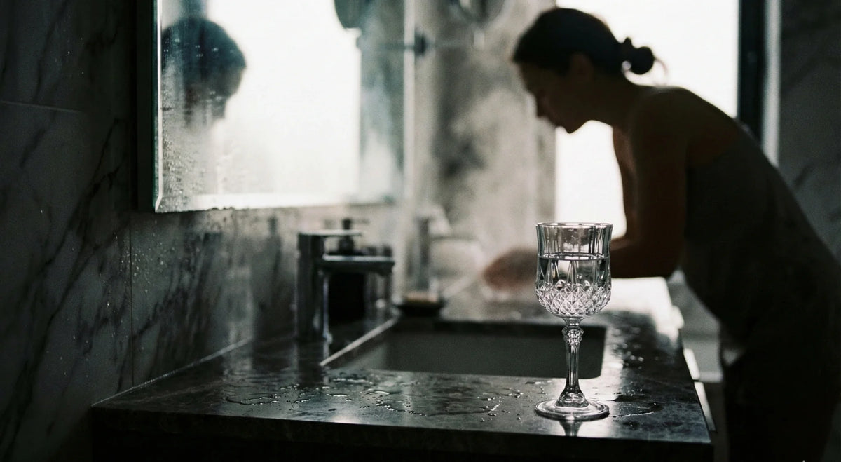 Person leaning over a marble bathroom sink beside a crystal glass of water and foggy mirror.