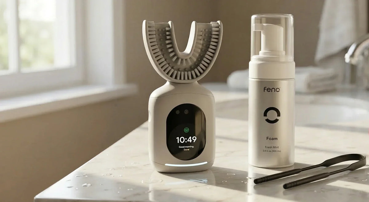 Feno u-shaped smart toothbrush with digital display beside Fresh Mint foam on a bathroom counter.