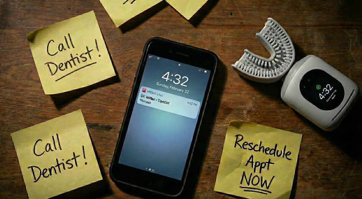 Reminder notes to call the dentist surround a phone showing a missed call, illustrating ADHD oral health struggles.