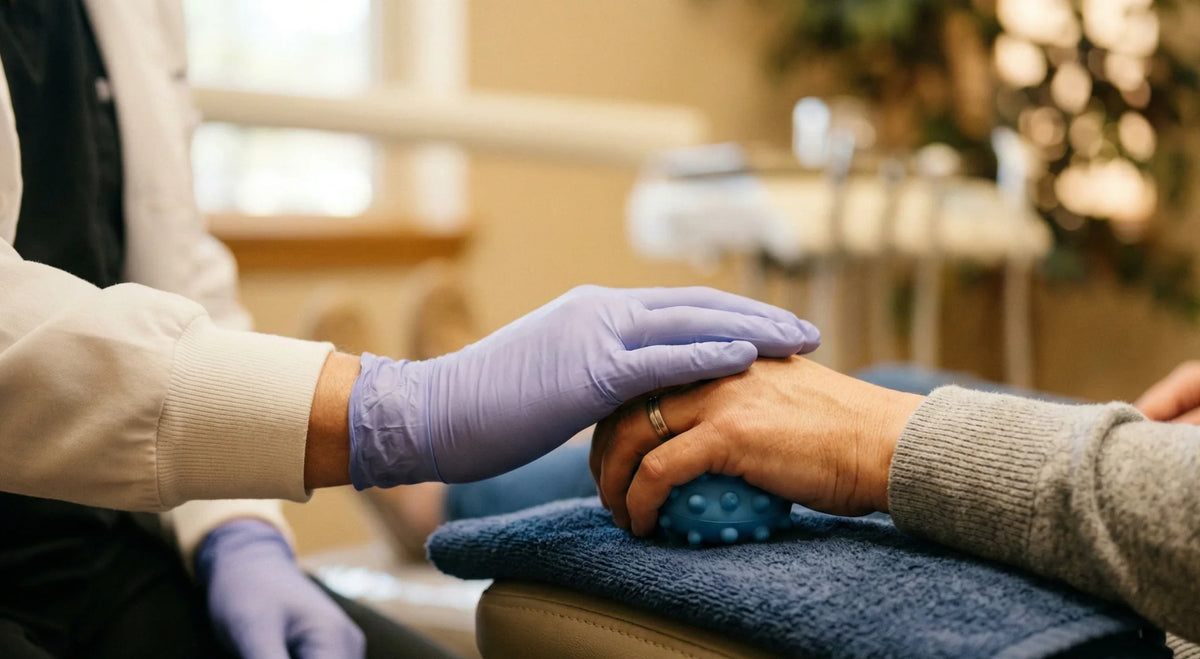Gloved dental provider gently steadies a patient's hand holding a blue sensory stress ball.