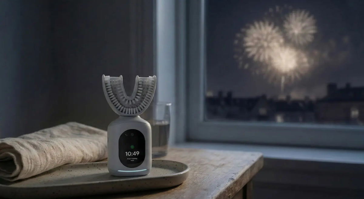 Feno U-shaped smart toothbrush on a wooden table as fireworks light the window.