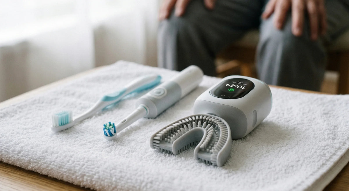U-shaped toothbrush and electric toothbrushes on a towel, illustrating oral care for brain health.