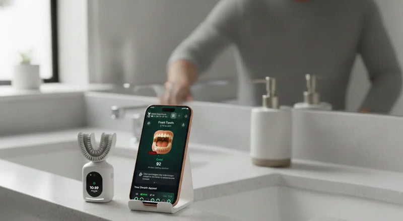 U-shaped smart toothbrush beside a phone showing a dental scoring app on a bathroom counter.