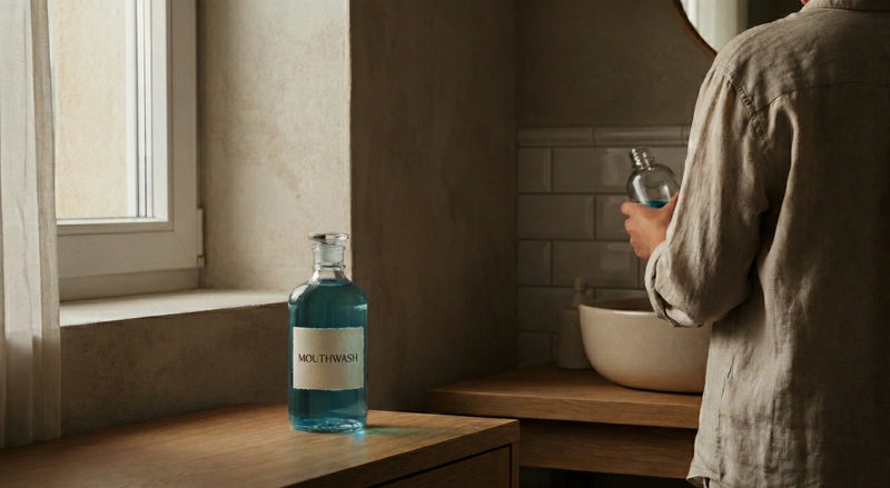 Glass bottle of blue mouthwash on a bathroom counter while a person holds another rinse.
