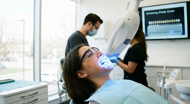 Patient receiving in-office LED teeth whitening treatment while a shade guide shows on screen.