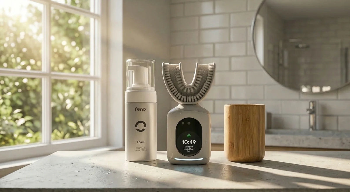 Feno u-shaped smart toothbrush and Fresh Mint foam on a sunlit bathroom counter.