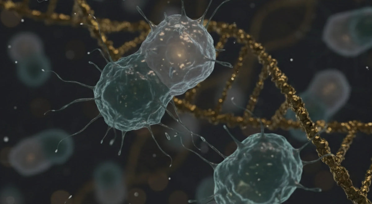 3D-rendered oral bacteria beside a golden DNA double helix illustrating genetic links to bad breath.