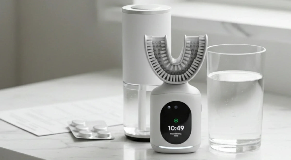 U-shaped smart toothbrush on a bathroom counter beside medication blister pack and water glass.