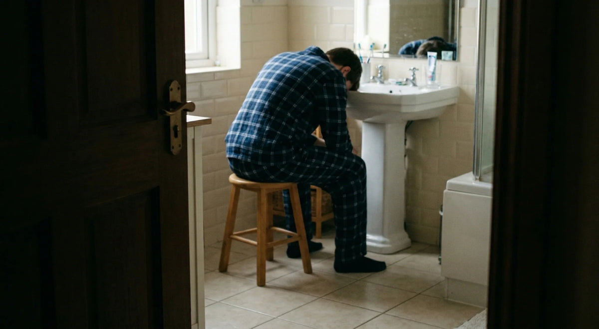 Person in plaid pajamas sits hunched on a stool at a bathroom sink, showing fatigue during oral care after brain injury.